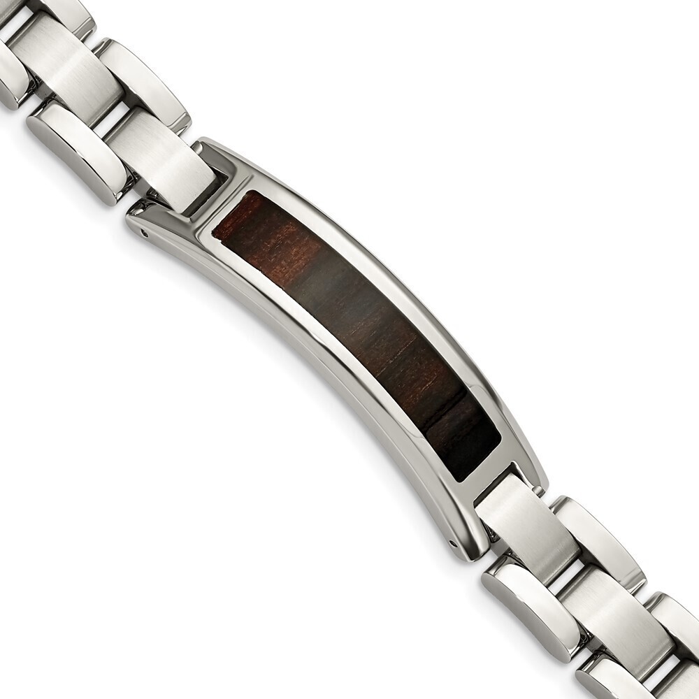 Stainless Steel Polished Enameled Black Koa Wood 8.5in Bracelet